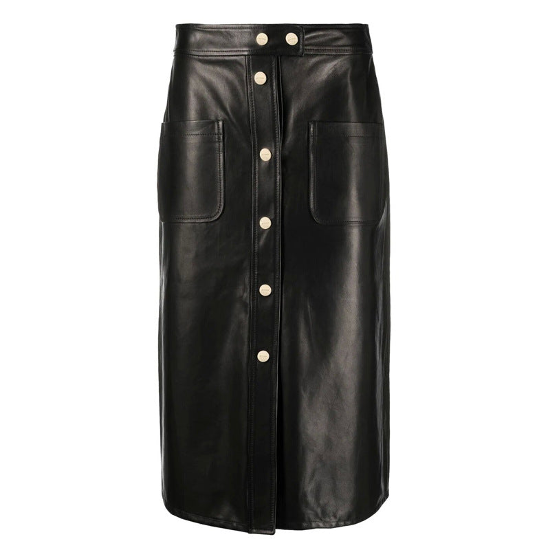 Black PU Leather Midi Pencil Skirt with Buttons and Front Pockets