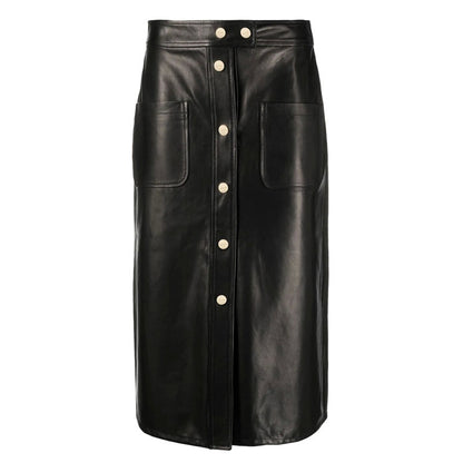 Black PU Leather Midi Pencil Skirt with Buttons and Front Pockets