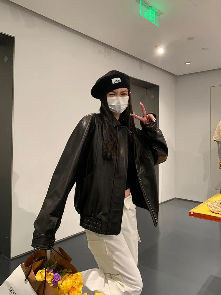 Women Oil-Waxed Oversized Genuine Sheepskin Leather Jacket