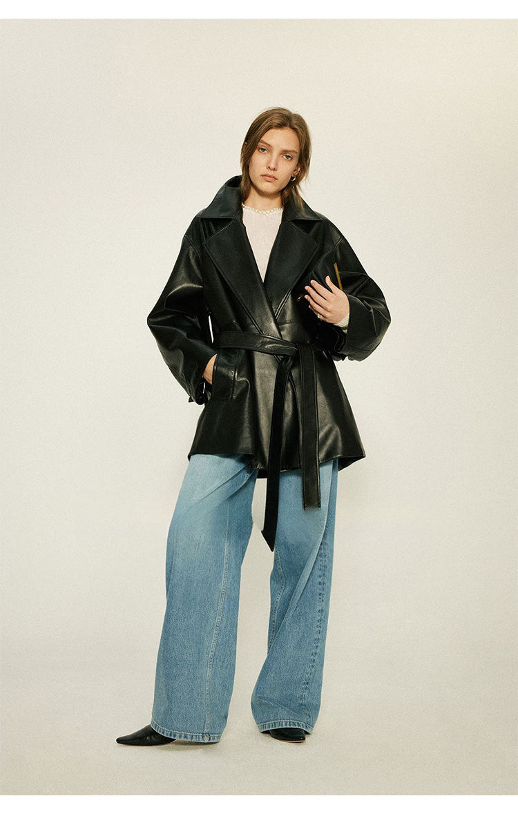Women’s Oversized Leather Bomber Jacket Moto Trench Coat