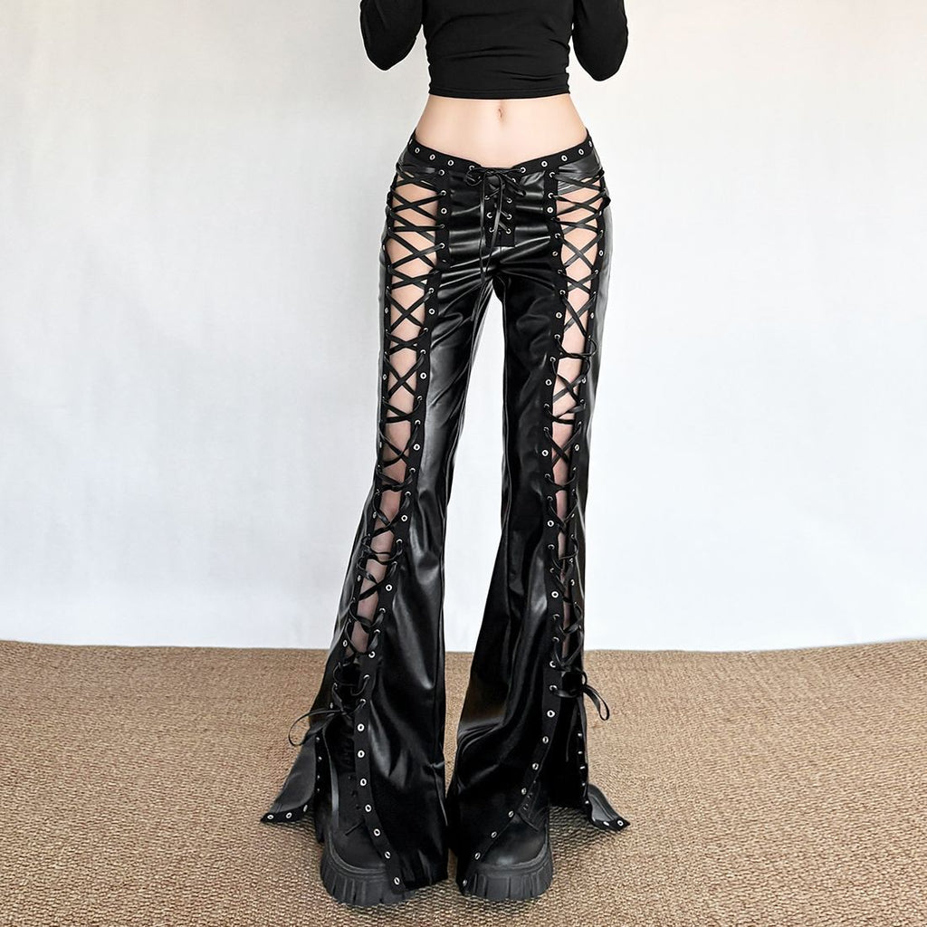 Flared faux leather pants lace up
