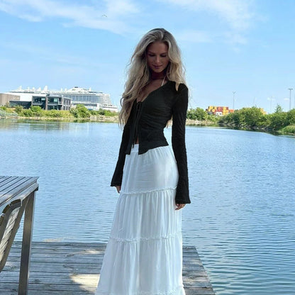 Sheer black chiffon ruffle tie blouse