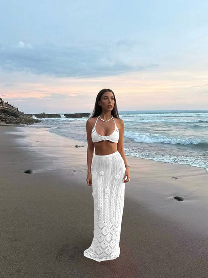 Pink Crochet Bikini & Floral Knit Beach Outfit