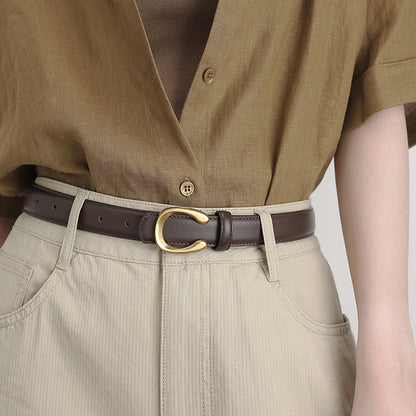 Women’s Black Leather Belt with Slim Gold C Buckle