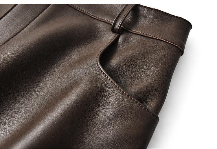 High waisted midi leather skirt with front slit and pockets