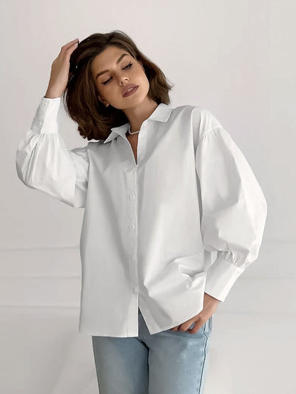 White puff sleeve cotton blouse for women