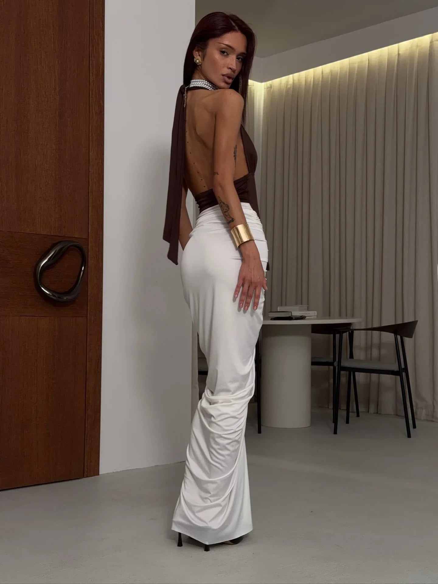 Brown white halter ruched color block maxi dress