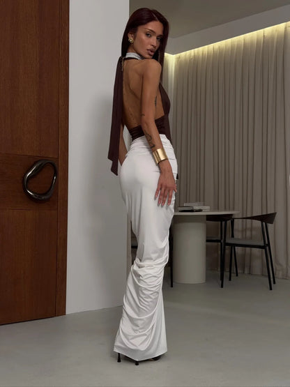 Brown white halter ruched color block maxi dress