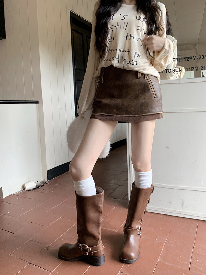 Women Brown PU High Waisted Leather Mini Skirt