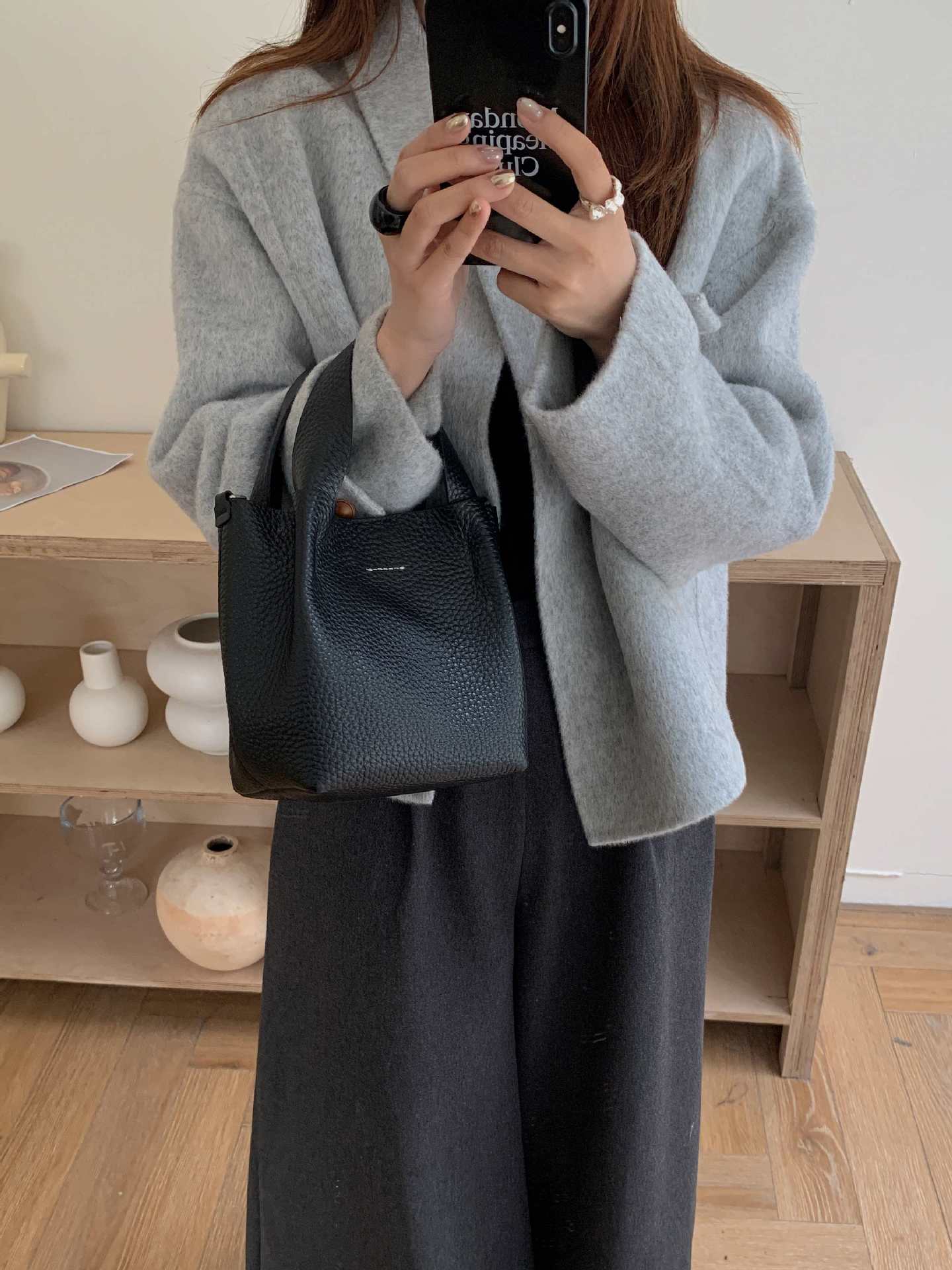 Leather basket bucket bag women cowhide