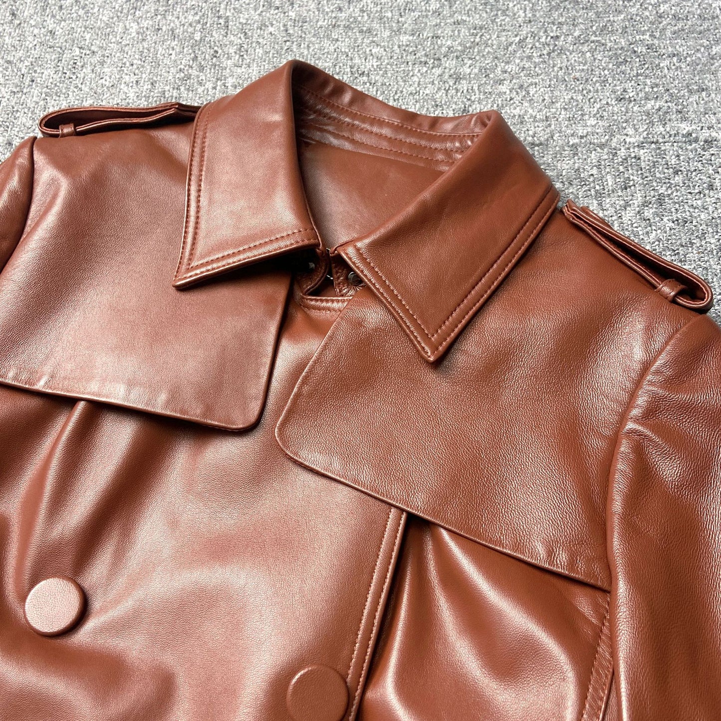 Women Genuine Leather Double Breasted Trench Coat With Belt