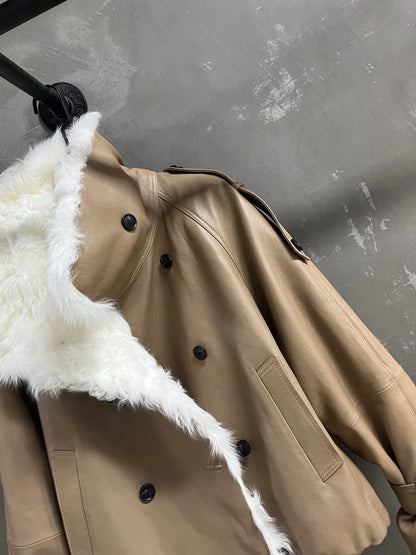 Women’s Leather Jacket Fur With Oversized Collar