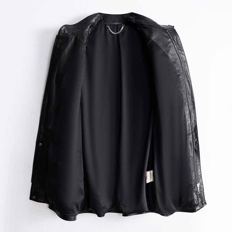 Women’s Leather Moto Trench Coat with Waist Cinch and Buckle Collar