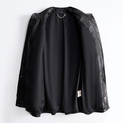 Women’s Leather Moto Trench Coat with Waist Cinch and Buckle Collar