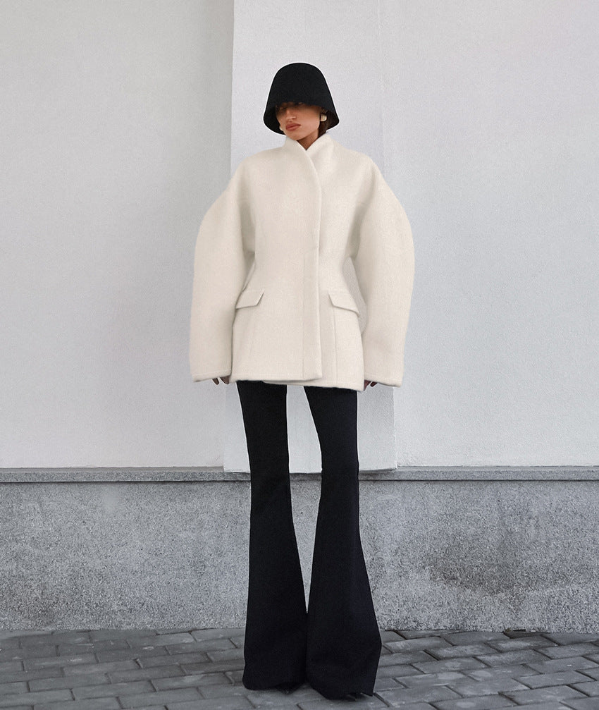Women Thick Woolen Coat with Semi-High Collar