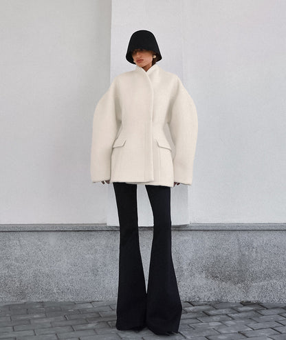 Women Thick Woolen Coat with Semi-High Collar