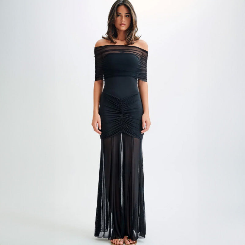 black off shoulder mesh ruched maxi dress women 2 S