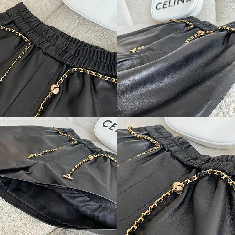 Women's High Waist Real Leather Shorts