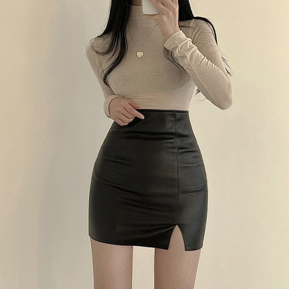Faux Leather Skirt Zipper Back Split Hem