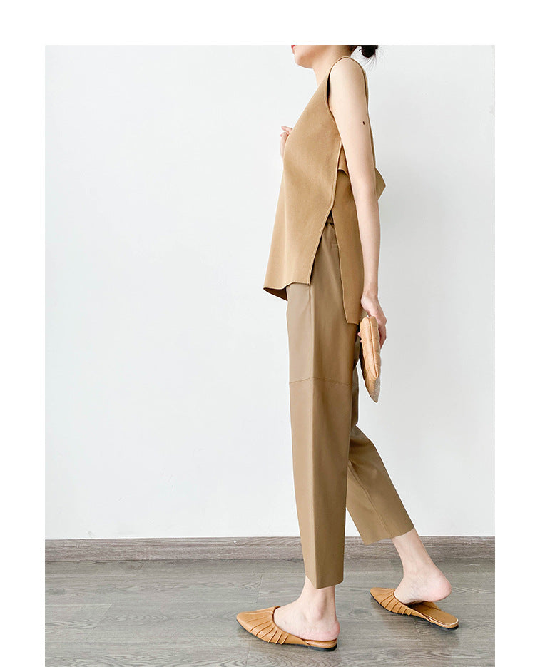 Women Italian Leather Carrot Pants Cropped Straight Leg Elastic Waist