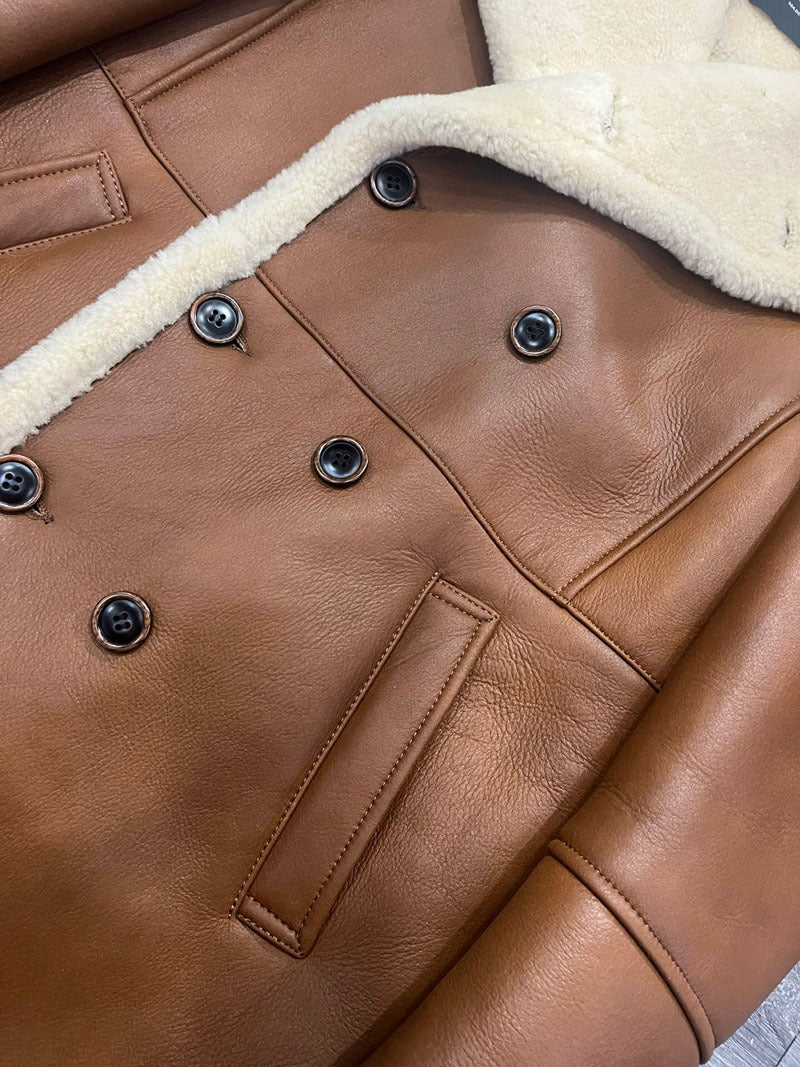 Men’s Genuine Shearling Leather Coat Brown Merino Wool