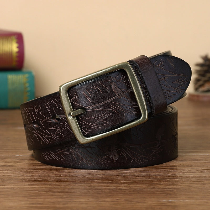 Men’s Engraved Leather Belt with Top-Grain Cowhide and Brass Buckle