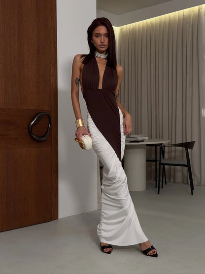 Brown white halter ruched color block maxi dress