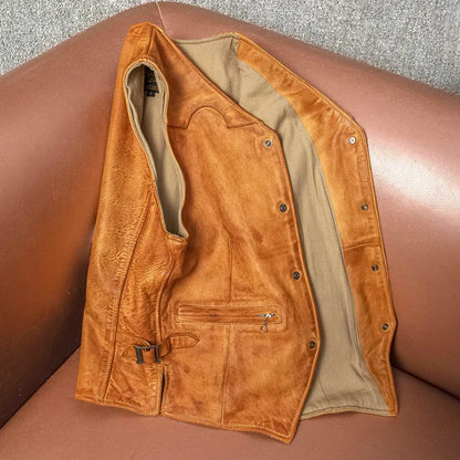 Men's slim-fit washed orange leather motorcycle vest