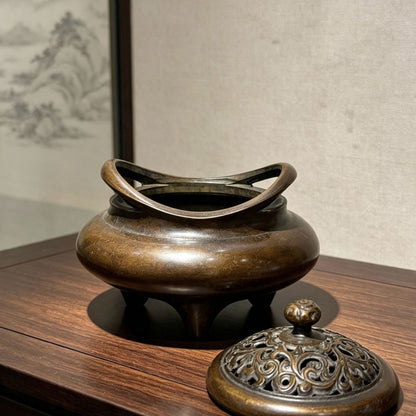 Incense Burner with Antique Bronze Finish and Ornate Lid