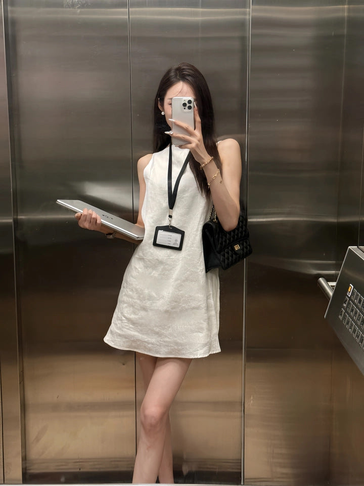 White linen backless mini dress spaghetti strap summer casual