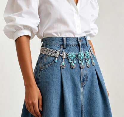 Women’s Turquoise Tassel Waist Chain with Silver Tone Drops