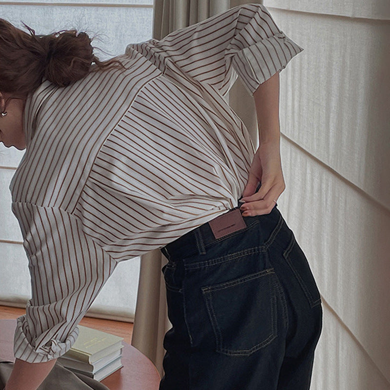 button down striped short sleeve women's shirt