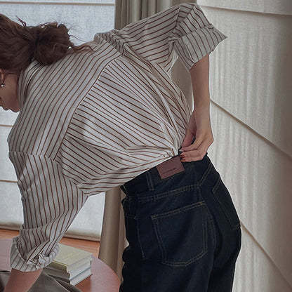 button down striped short sleeve women's shirt