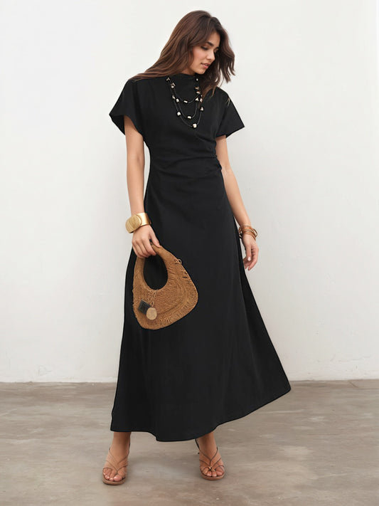 Summer Maxi Dress Draped Waist Short Sleeve