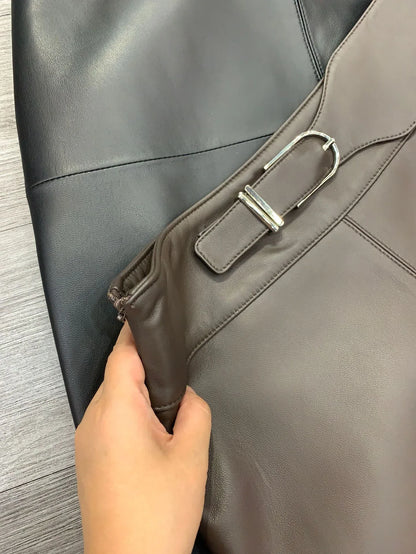 Women sheepskin leather midi skirt with belt