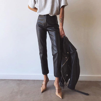 Women High Waisted Genuine Leather Carrot Pants