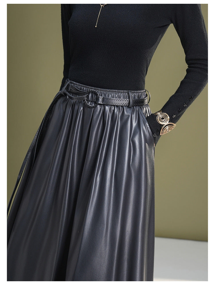 Leather maxi skirt with belt