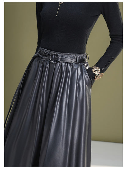 Leather maxi skirt with belt