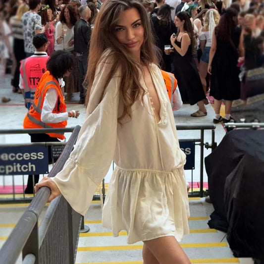 French tie front woven mini dress