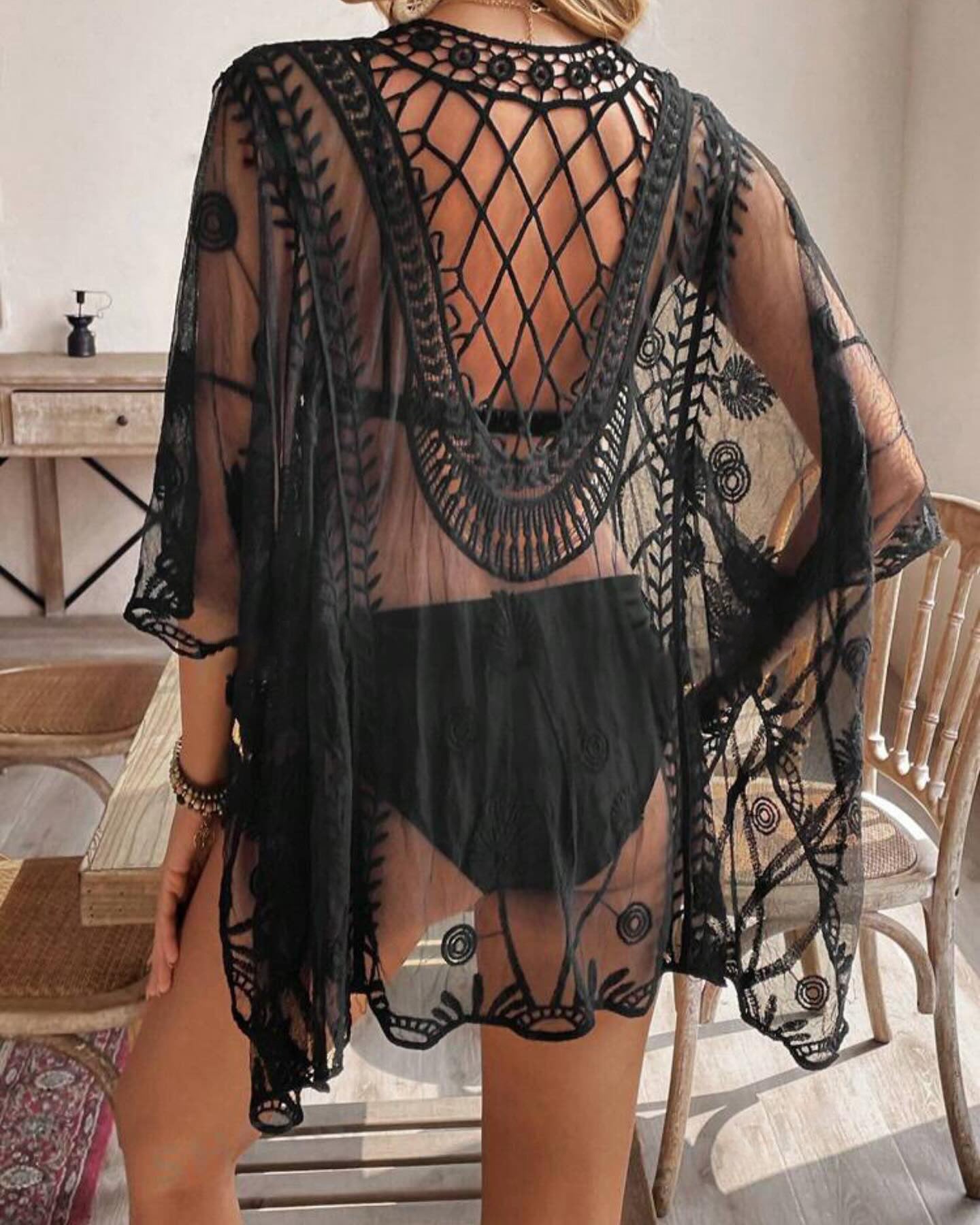 Sheer lace embroidered beach cover up cardigan 4