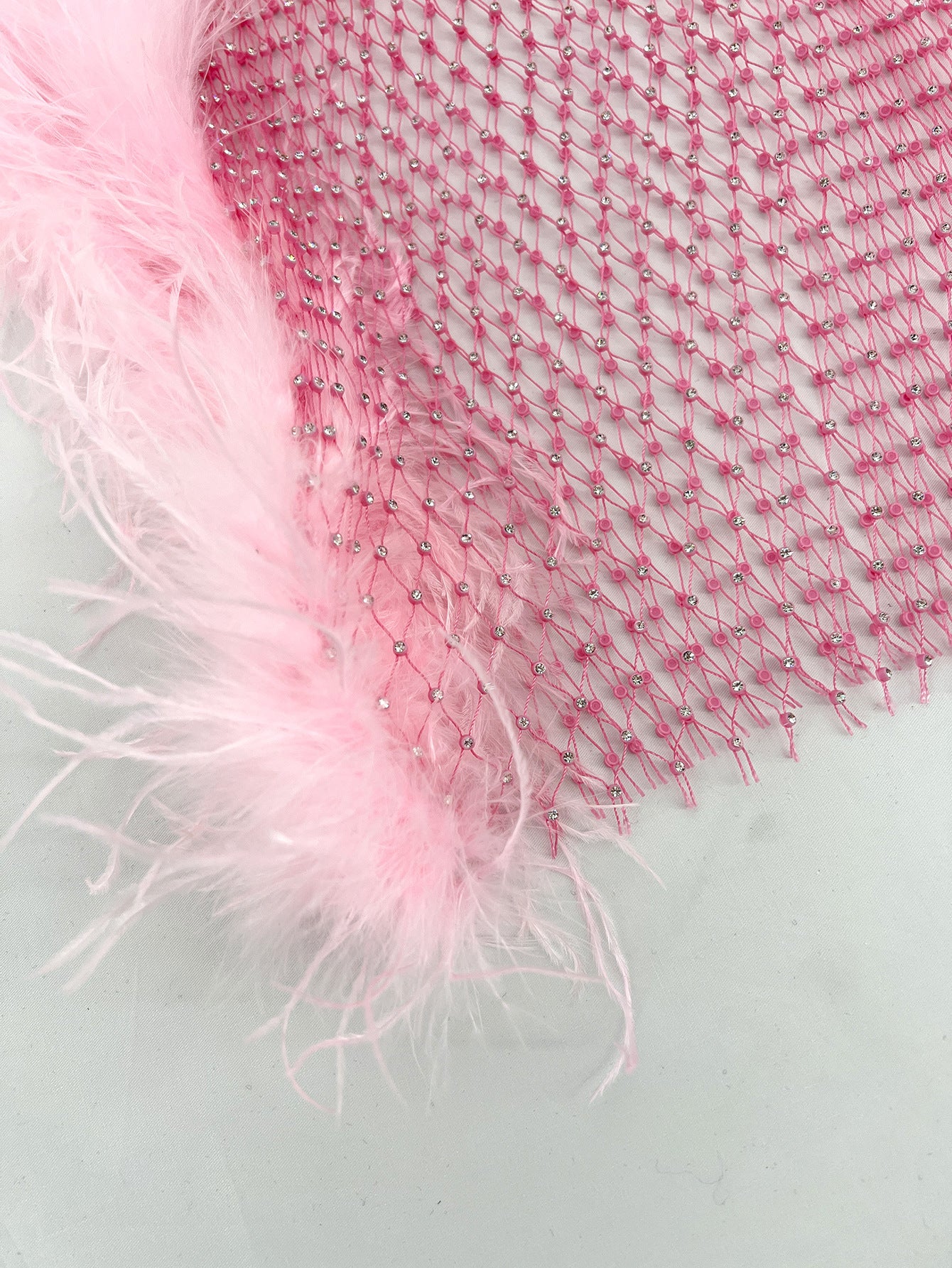 pink rhinestone fishnet mesh festival outfit feather trim women