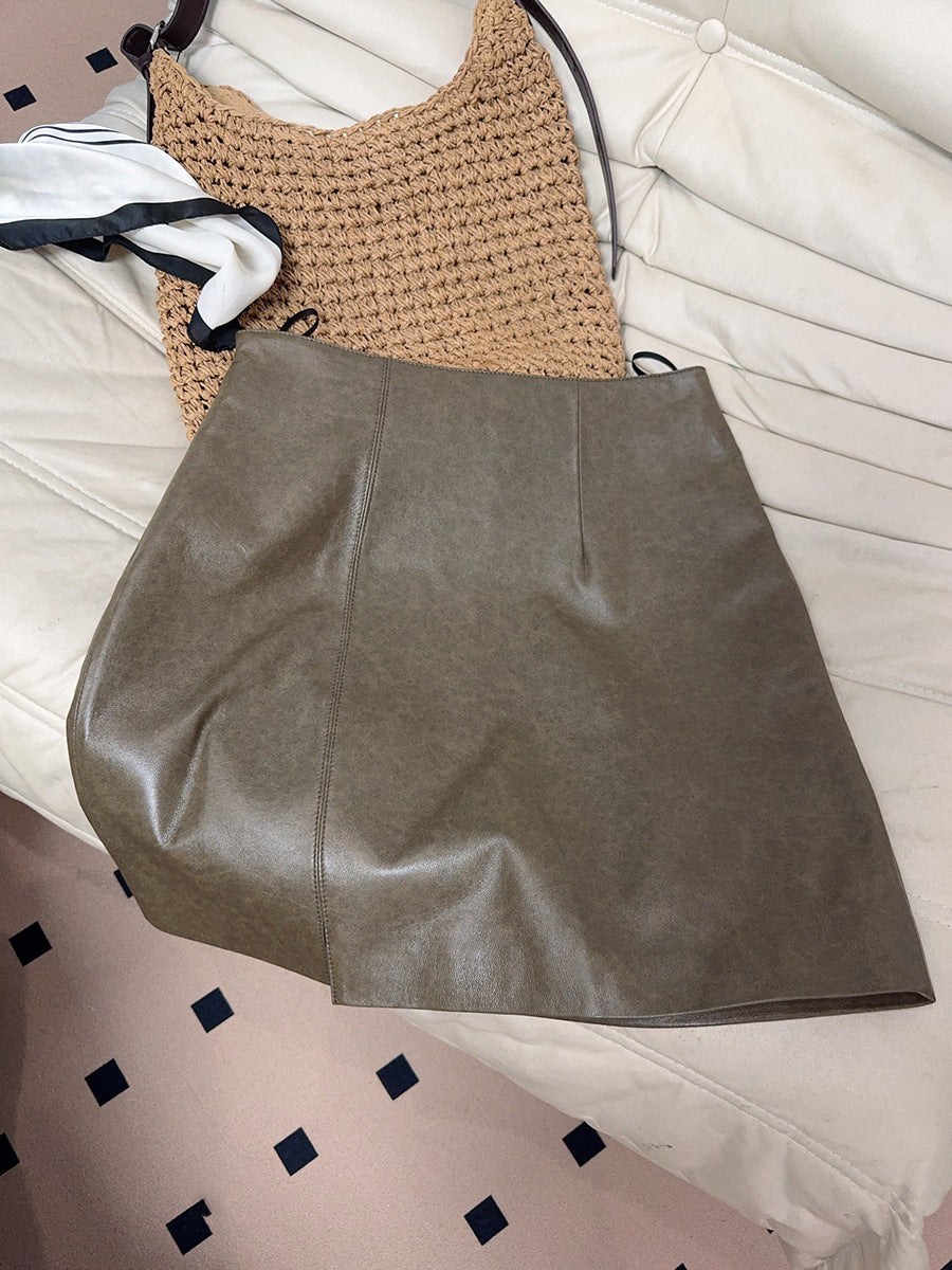 Women Leather Mini Skirt High Waist A-Line with Slit