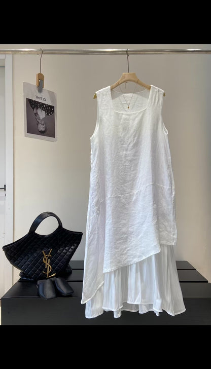 linen irregular hem midi dress layered summer sleeveless loose fit