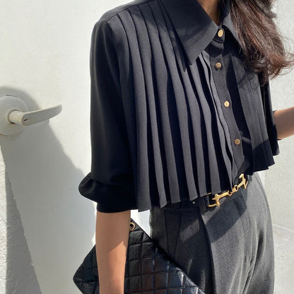 Pleated Design Solid Button Front Shirt