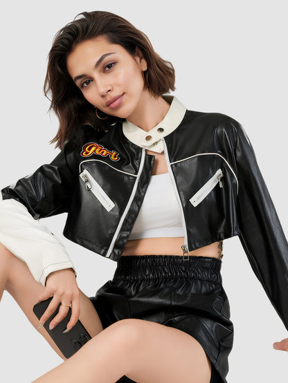 Black and White Cropped Faux Leather Biker Jacket for Women