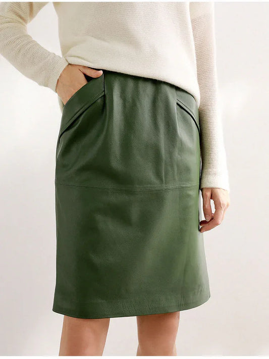 Green lambskin high waist a-line midi leather skirt 1 M