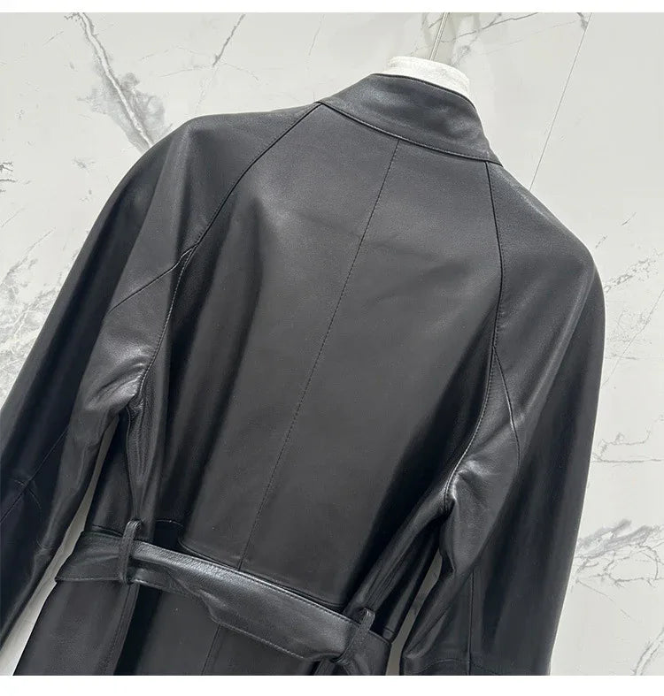 Women sheepskin leather trench coat long belt - Boho Living Room