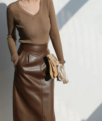 Brown sheepskin mid length bodycon leather skirt with slit