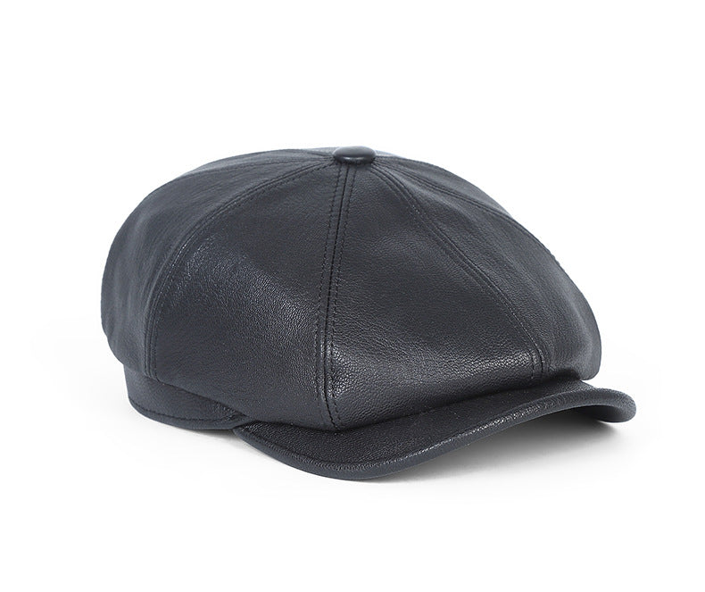 Men's leather newsboy cap with sheepskin