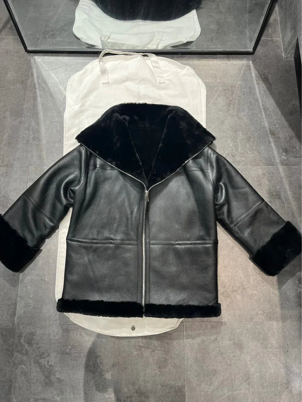 Women Genuine Leather Jacket with Real Fur Bomber Style